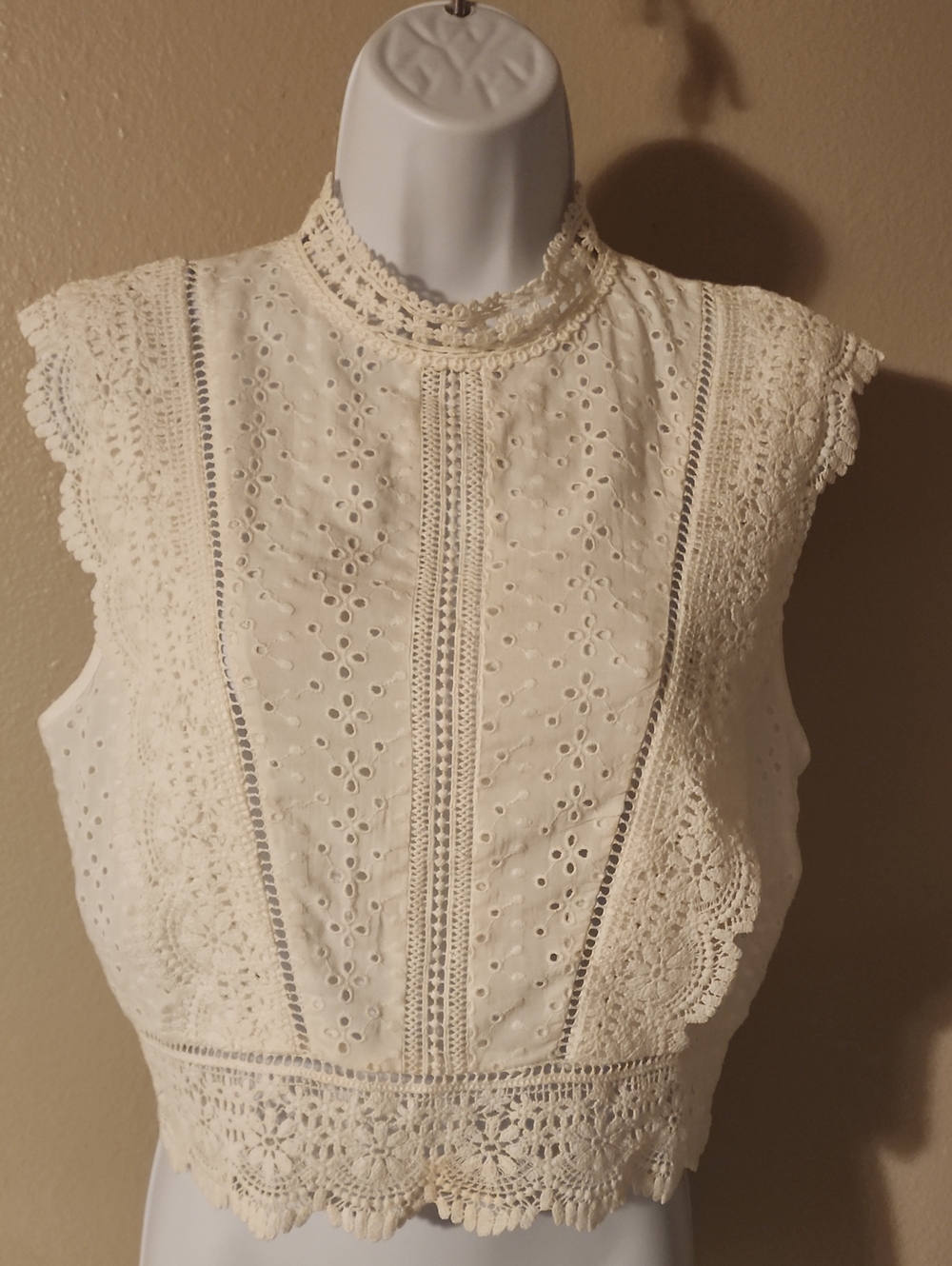 Forever 21 Ivory Eyelet Crochet Mock Neck Tank